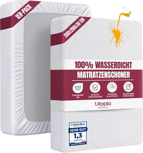 Oeko-TEX zertifizierter weisser Matratzenschoner mit rundum Elastik, wasserdicht und atmungsaktiv, passend 200 x 200 x 30 cm