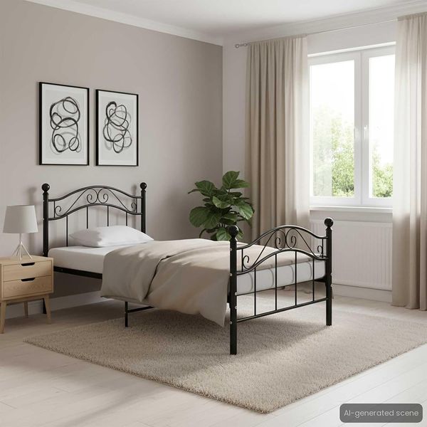 Stabiles schwarzes Metall-Einzelbett mit hochwertigem Lattenrost, langlebiges minimalistisches Schlafzimmermobel 90 x 200 cm