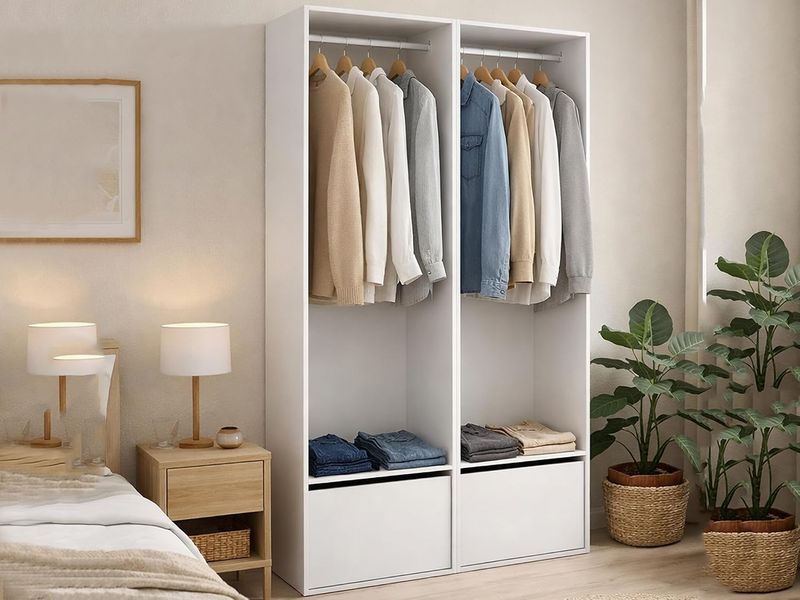 Grosser kombinierter Garderobenschrank in Weiss-Eiche Optik, geraumiges Schlafzimmer-Aufbewahrungsmobel 120 x 45 x 205 cm