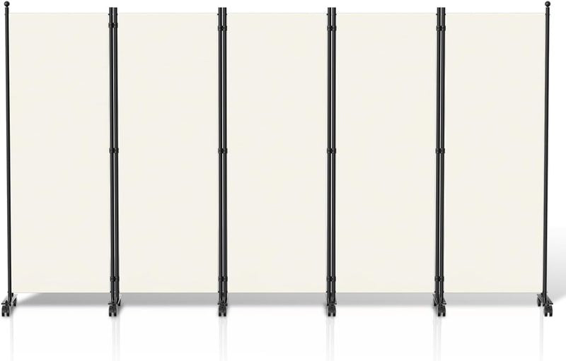 Funfteiliger mobiler Raumteiler auf Rollen in weisser Optik, flexibler Sichtschutz fur Wohnraume 284 x 181 x 30 cm