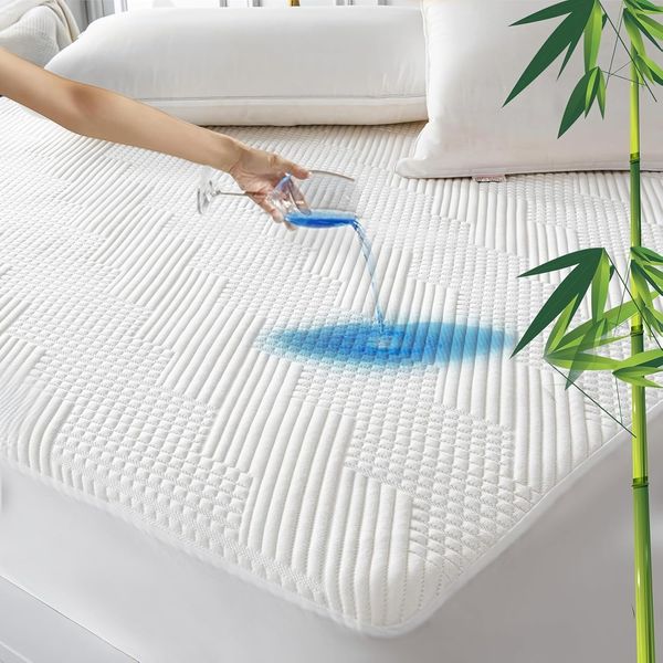 Kuhlender 3D-Air-Bambusfaser Matratzenschoner, wasserdichte Spannauflage passend fur Matratzen bis 30 cm Hohe 135 x 190 cm