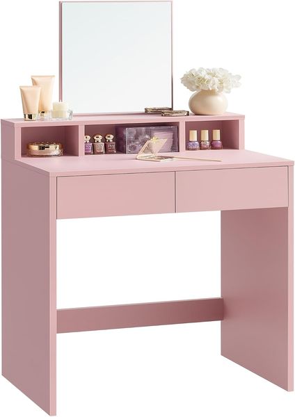 Moderner pastellrosa Kosmetiktisch mit grossem Spiegel, zwei Schubladen und drei offenen Aufbewahrungsfachern fur Schminkutensilien