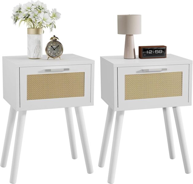 Boho-Stil Nachttisch-Set aus Rattan und Massivholz mit Magnetschublade, multifunktionale weisse Beistelltische 35 x 27 x 53 cm