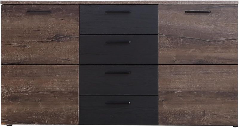 Geraumige Kommode aus Holzwerkstoff in Schwarzeiche- und Edeleiche Optik, mit zwei Turen und vier Schubladen 149,5 x 80,8 x 41,3 cm