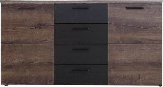 Geraumige Kommode aus Holzwerkstoff in Schwarzeiche- und Edeleiche Optik, mit zwei Turen und vier Schubladen 149,5 x 80,8 x 41,3 cm