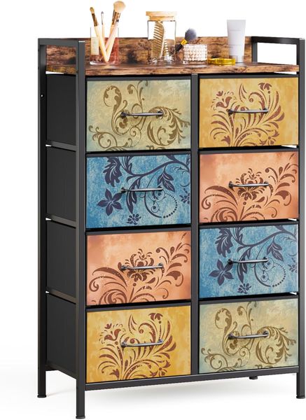 Vintage gestaltete Aufbewahrungskommode mit acht bedruckten Stoffschubladen, kompakte Masse 66,5 x 30 x 105,5 cm