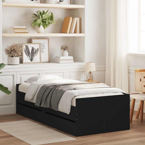 Modernes schwarzes Holzwerkstoff-Bettgestell mit Stauraumschubladen und Lattenrost, funktionales Einzelbett ohne Matratze 90 x 190 cm