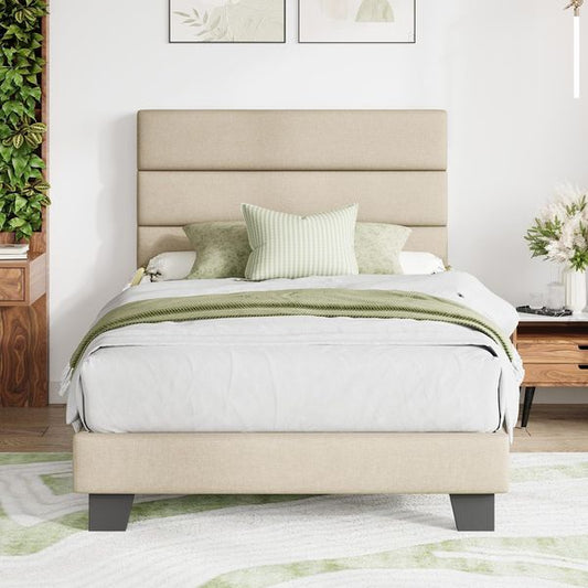 Beiges Stoff-Polster-Einzelbett mit weich gepolstertem Kopfteil, modernes komfortables Schlafmobel 90 x 200 cm