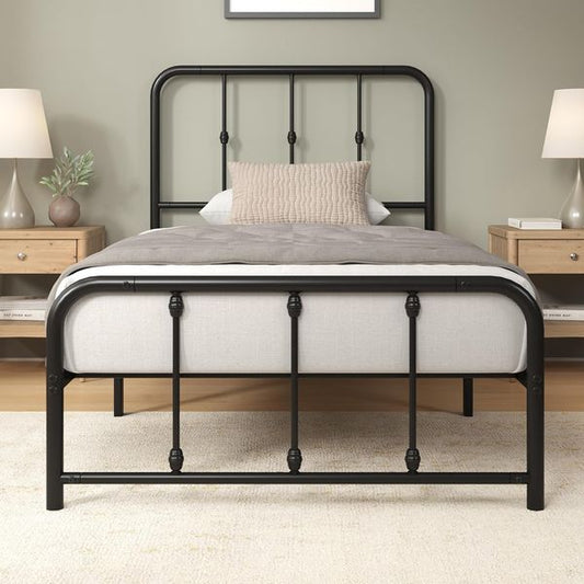 Schwarzes Vintage-Metallbett mit dekorativem Kopfteil und 35 cm hoher Plattform, freier Stauraum darunter, ohne Boxspring erforderlich 90 x 200 cm