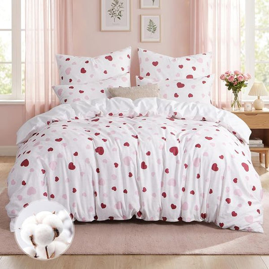 Dreiteiliges OKO-TEX Baumwoll-Bettwasche-Set mit Herz-Muster in Rosa-Rot, Wendefunktion und Reissverschluss, inklusive zwei Kissenbezugen 220 x 240 cm