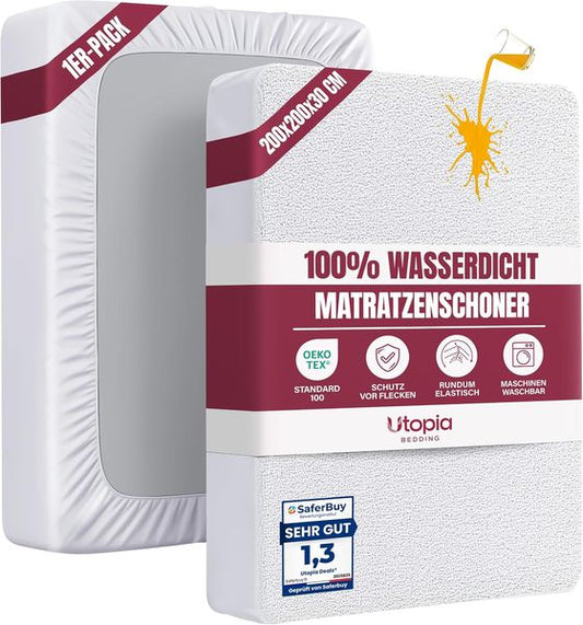 Oeko-TEX zertifizierter weisser Matratzenschoner mit rundum Elastik, wasserdicht und atmungsaktiv, passend 200 x 200 x 30 cm