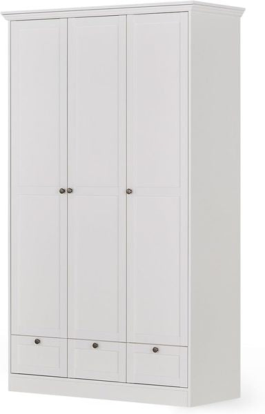 Landhausstil Garderobenschrank mit drei Drehturen, drei Schubladen, Kleiderstange und funf verstellbaren Einlegeboden in weisser Ausfuhrung