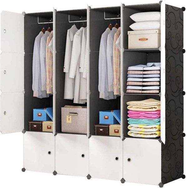 Modularer Wurfel-Garderobenschrank mit Magnetverschlussen und drei Kleiderstangen, tragbares Aufbewahrungssystem 148 x 47 x 148 cm