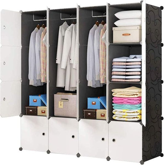 Modularer Wurfel-Garderobenschrank mit Magnetverschlussen und drei Kleiderstangen, tragbares Aufbewahrungssystem 148 x 47 x 148 cm