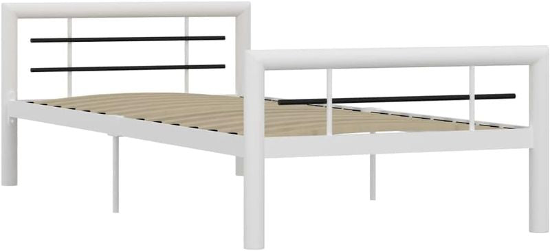Zweifarbiges Metallbett in Weiss-Schwarz Optik mit robustem Lattenrost, universelles Einzel- und Doppel-Schlafgestell 100 x 200 cm