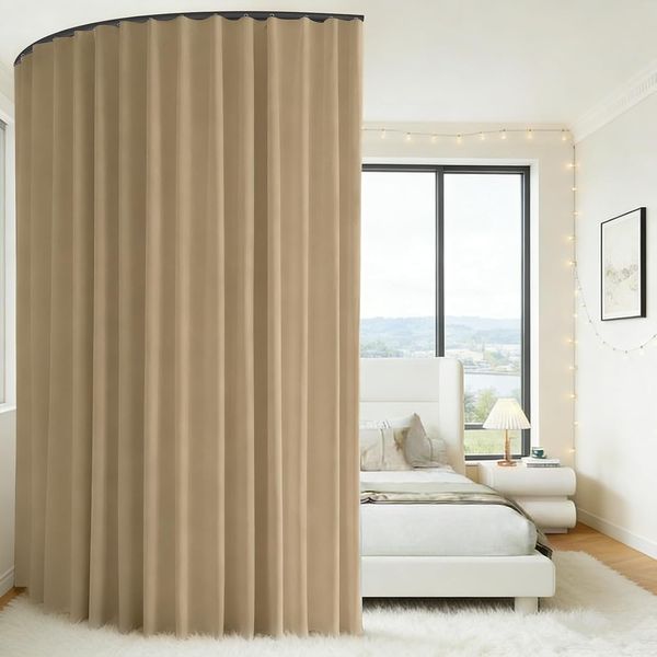 Beiger lichtdichter Polyester-Raumteiler-Vorhang mit flexibler Deckenschiene, universeller Raumtrenner 220 x 270 cm fur Haus und Buro