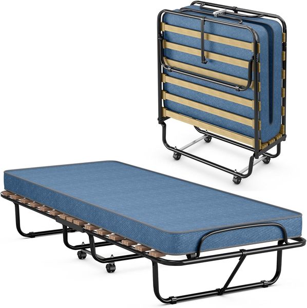 Mobiles klappbares Metall-Gastebett auf Radern mit Ruckstellschaum-Matratze, bis 130 kg belastbar, geeignet fur Camping und Gastezimmer 80 x 190 cm