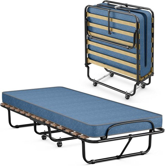 Mobiles klappbares Metall-Gastebett auf Radern mit Ruckstellschaum-Matratze, bis 130 kg belastbar, geeignet fur Camping und Gastezimmer 80 x 190 cm