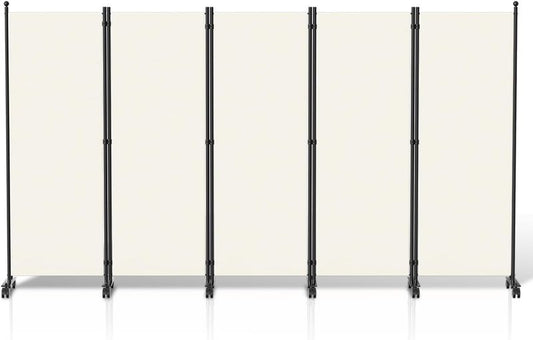 Funfteiliger mobiler Raumteiler auf Rollen in weisser Optik, flexibler Sichtschutz fur Wohnraume 284 x 181 x 30 cm